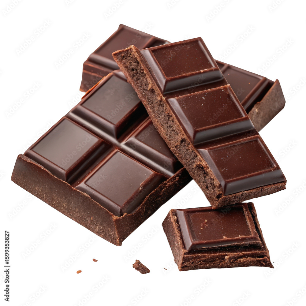 Fototapeta premium Delicious dark chocolate bar pieces stacked together isolated on transparent background