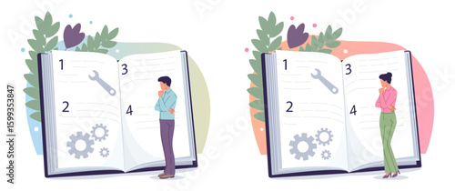 Illustrated man and woman standing near large open instruction book with numbered steps and mechanical icons, flat style isolated on white background. Concept of planning. Vector illustration
