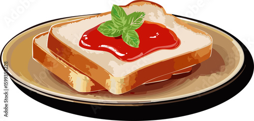 Two slices of toast topped with jam and garnish are placed on a plate