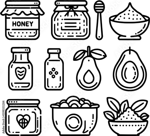 Minimalistic skincare routine icons in outline style: cleanse, tone, moisturize, exfoliate, with symbols and product shapes.

