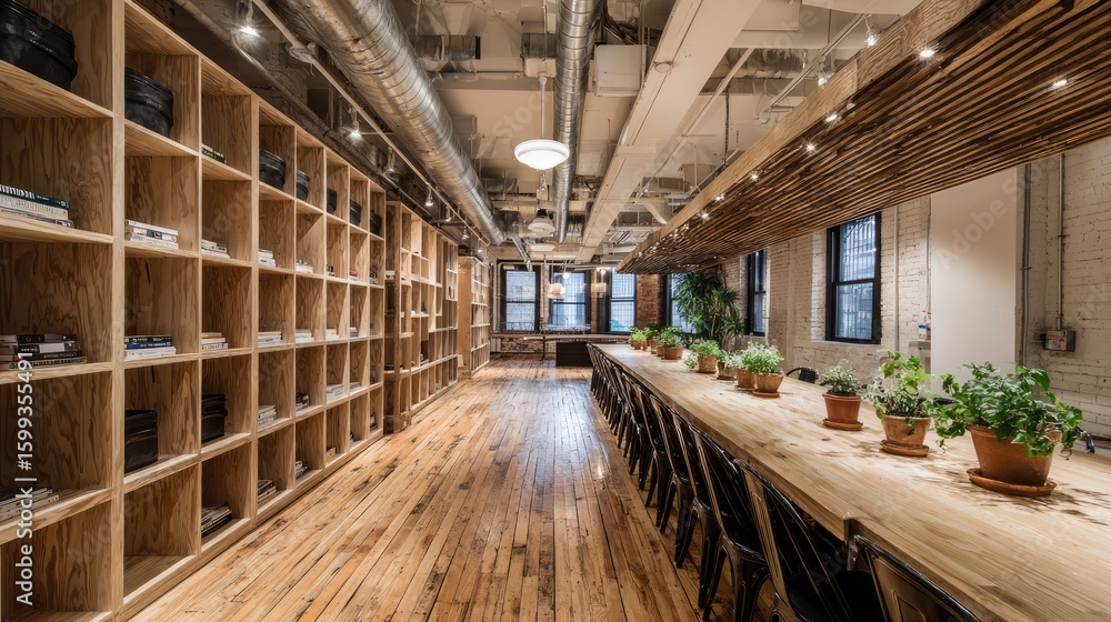 Fototapeta premium Long table with open shelf slat divider for shared office space