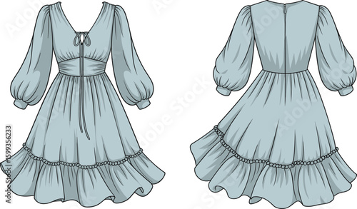 Elegant puff sleeve dress, ruffle hem dress, V-neck fashion illustration, women’s dress design, CAD drawing, flat vector illustration