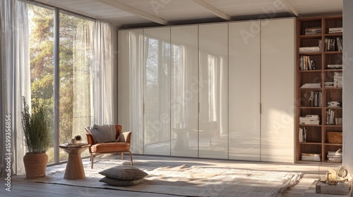 Natural light reflecting off glossy white built-in wardrobe panels in modern room
