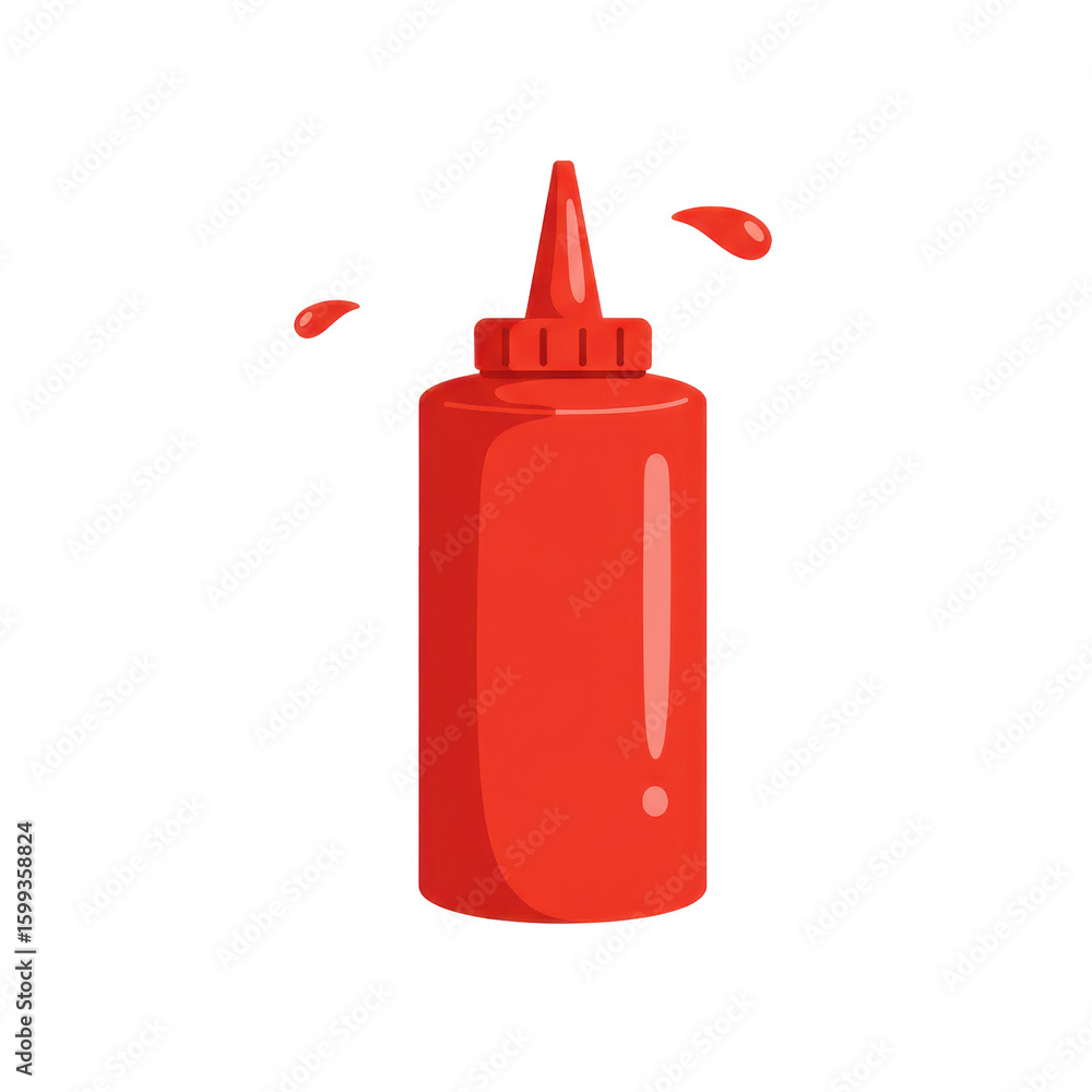 Obraz premium Bright red condiment bottle with splashes, set against a plain backdrop, ideal for food-related content