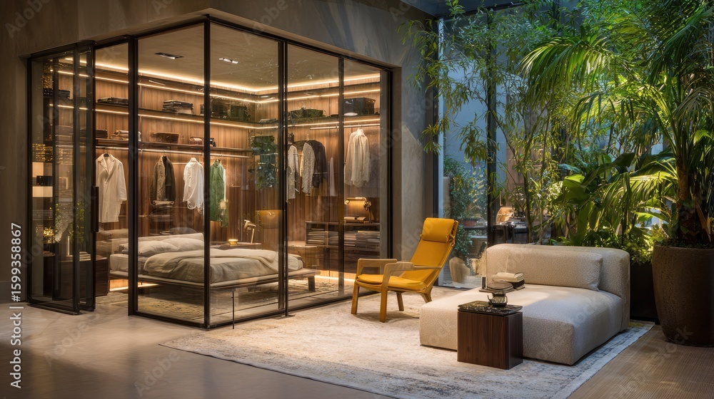 Showroom displaying various built-in wardrobe designs and wood finishes Showroom displaying various built-in wardrobe designs and wood finishes
