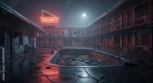 Abandoned Motel Pool at Night in the Rain