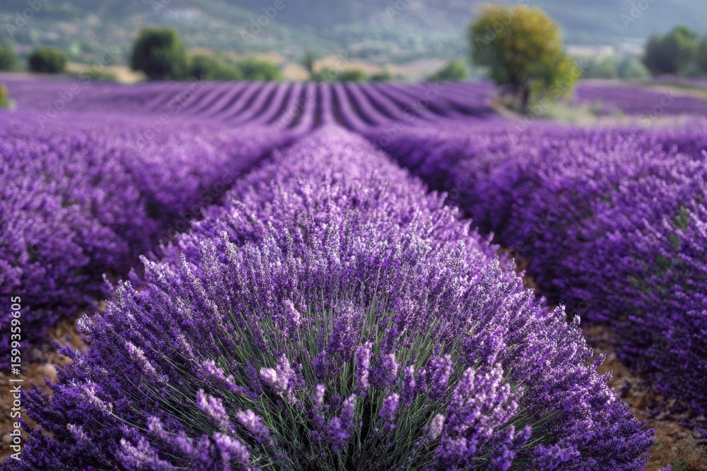 Obraz premium Vast lavender fields under blue sky in sunny countryside landscape