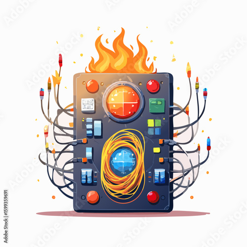 Overloaded switchboard with blinking lights and tangled wires, symbol of anxiety and mental overload.
