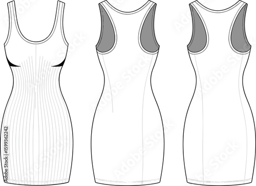 Women’s bodycon dress, sleeveless design, fitted style, racerback cut, casual wear, summer outfit, elegant fashion, slim fit, trendy dress, cad drawing flat vector illustration