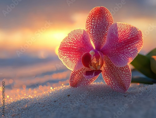 Pink orchid on sandy beach at sunrise