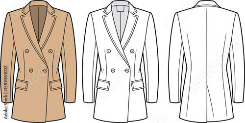 Double-breasted blazer CAD drawing, front and back views, flat vector illustration, men's jacket fashion template, tailored coat design mockup