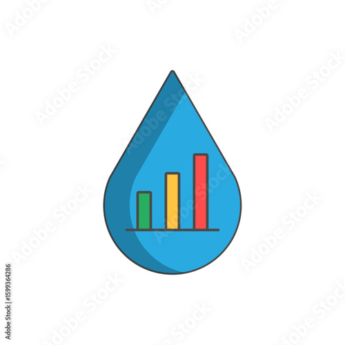 Water usage monitor icon featuring a droplet with bar chart overlay, perfect for illustrating water tracking, conservation dashboards, and smart utility management tools.