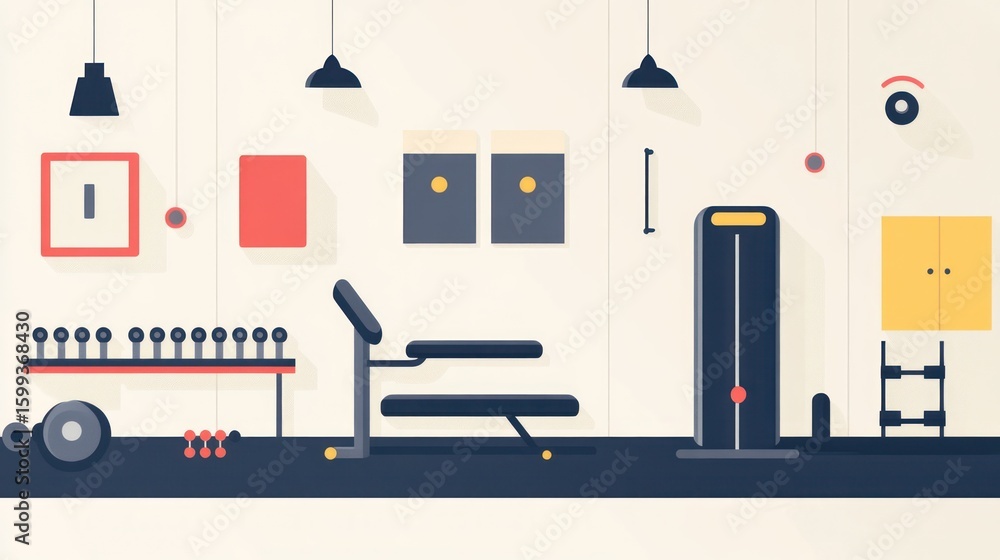 Fototapeta premium Modern gym interior design, fitness equipment, neutral colors, minimalist aesthetic, stock image