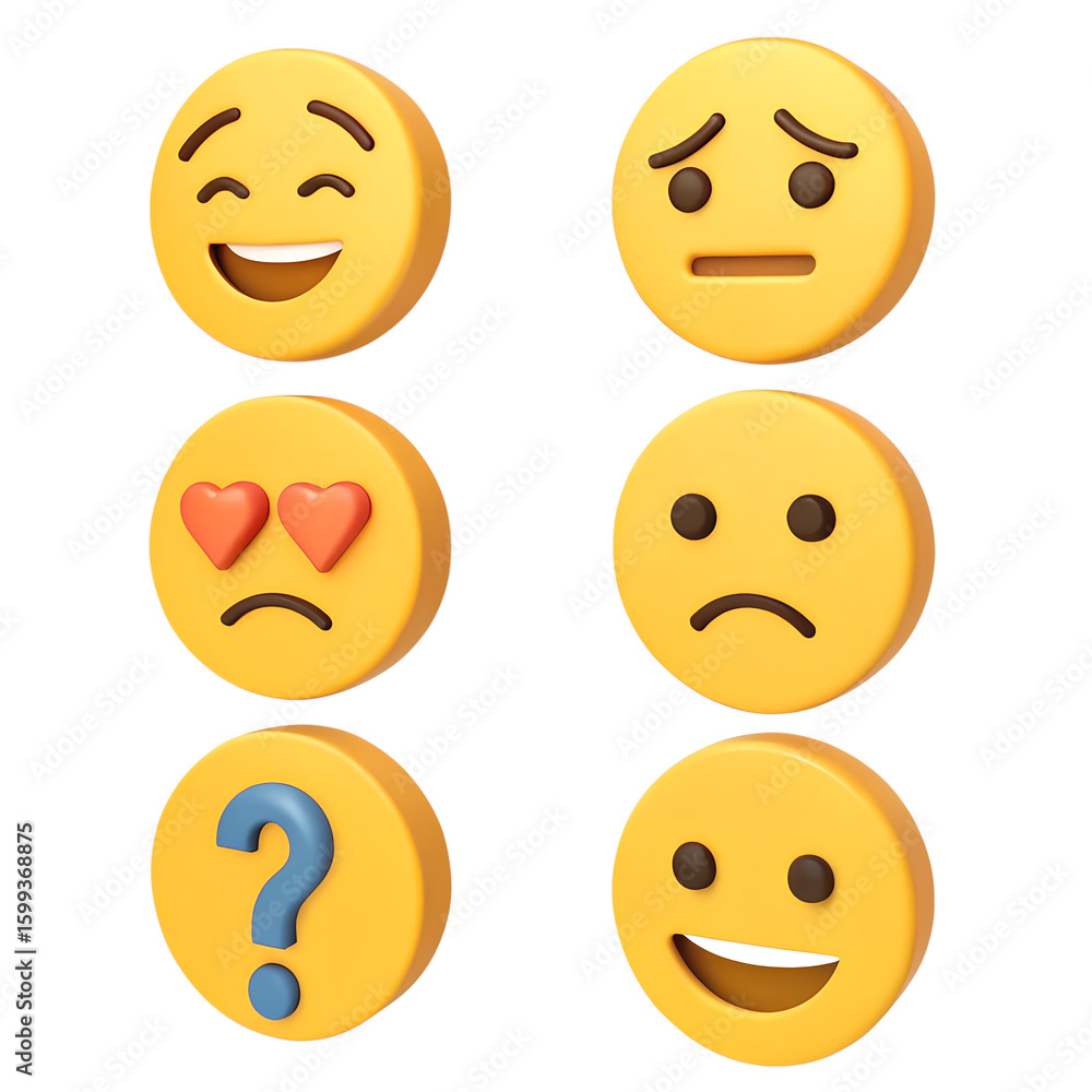 Fototapeta premium Diverse emoji icon set: expressive faces in flat 3d style for digital communication