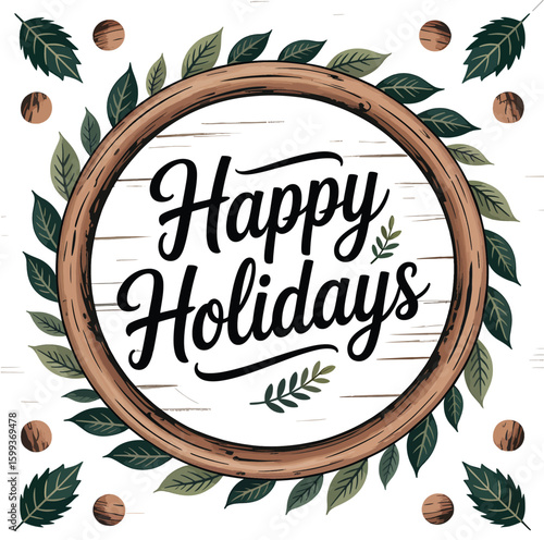 Happy holidays text inside a rustic wooden circle with autumn leaves and acorns