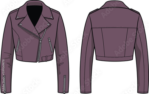 Women’s cropped leather jacket, biker style, asymmetrical zipper, long sleeves with zippers, belt detail, front and back views, purple color, vector CAD drawing, flat fashion illustration
