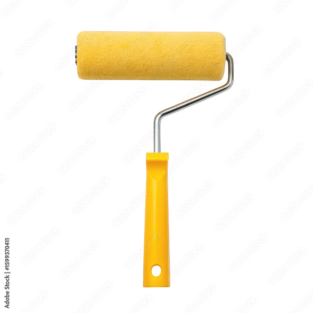 Fototapeta premium Bright yellow paint roller tool with metal handle isolated on transparent background