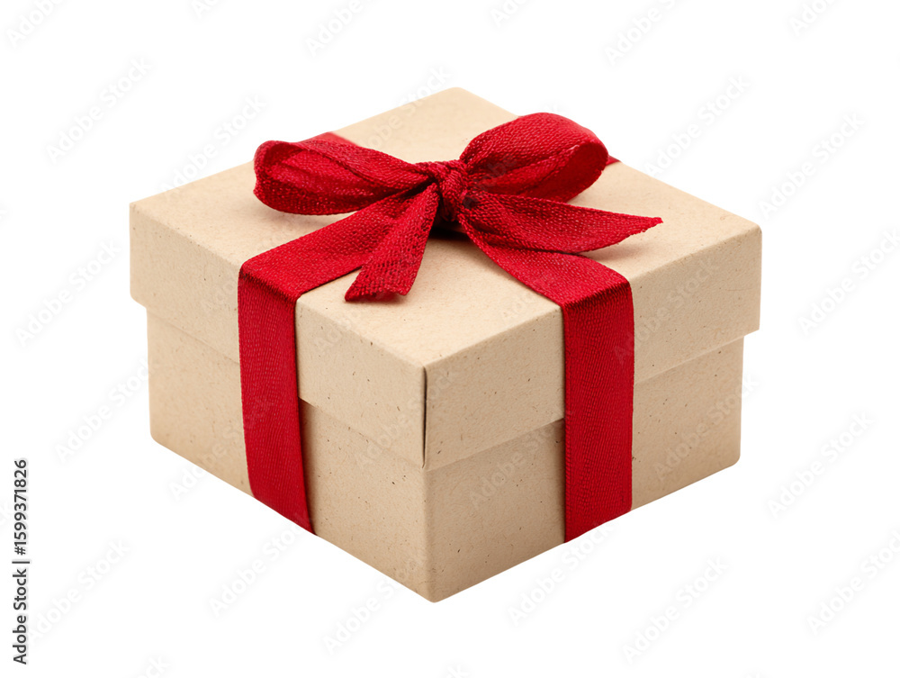 Obraz premium Beige Gift Box with Red Ribbon and Bow, PNG