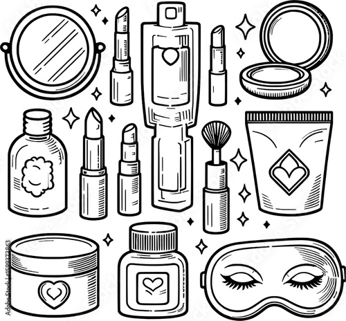 Set of beauty lifestyle icons in outline style: compact mirror, lipstick, lotion bottle, eye cream tube, facial mask.


