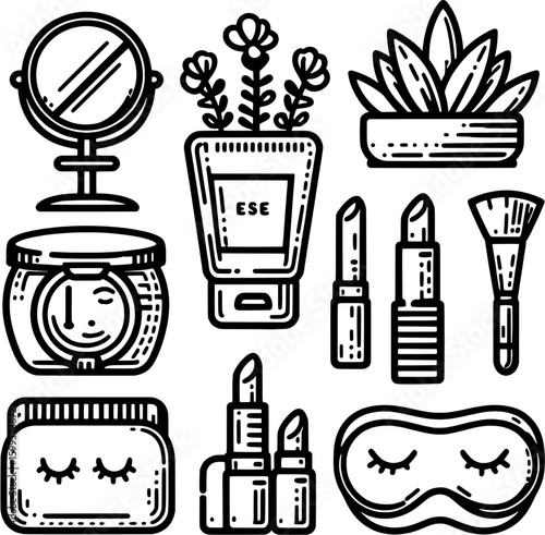 Set of beauty lifestyle icons in outline style: compact mirror, lipstick, lotion bottle, eye cream tube, facial mask.

