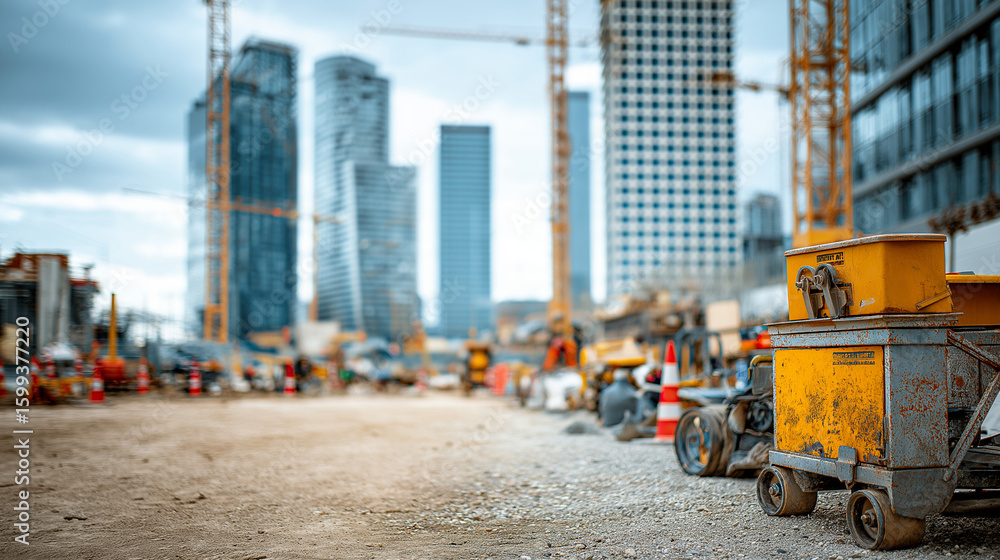 Fototapeta premium Close-Up View of German Construction Site with Tools on Concrete Lot and Tall Buildings Under Construction