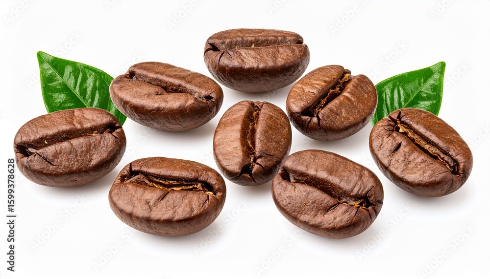 Obraz premium Eight coffee beans, earthy and imperfect, surround a single green leaf in quiet disarray. The contrast is intimate: dry matter versus chlorophyll, roasted history versus photosynthetic promise. It’s a