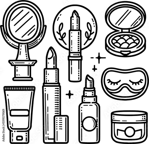 Set of beauty lifestyle icons in outline style: compact mirror, lipstick, lotion bottle, eye cream tube, facial mask.

