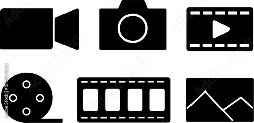 A set of flat black media icons including a video camera, photo camera, film strip, play button, film reel, and image symbol. Ideal for multimedia applications, or video editing tools