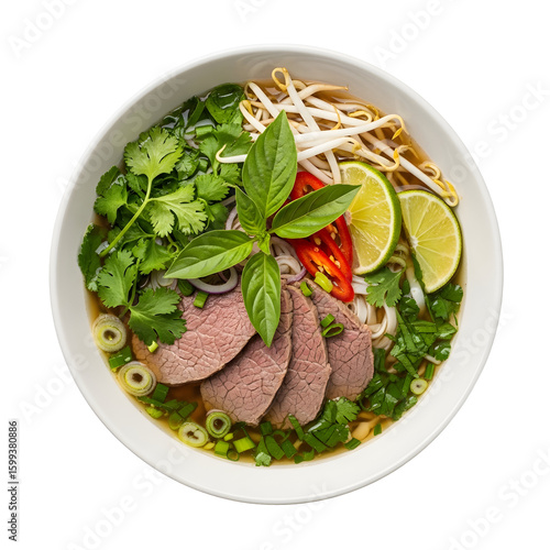 Delicious Beef Noodle Soup with Fresh Herbs.