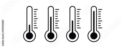 Vector art of four black and white thermometer icons show varying temperatures on a