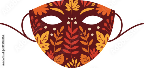 Autumnal masquerade mask with vibrant leaf pattern and string ties.