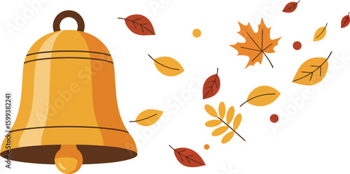 A golden bell rings, sending colorful autumn leaves scattering into the air. Perfect for Halloween, Thanksgiving, decor, stickers, and craft designs
