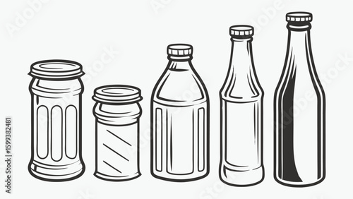 A collection of black and white hand drawn glass bottles and jars with lids on a clean background