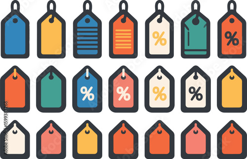 Collection of colorful price tags and sale labels isolated on transparent background