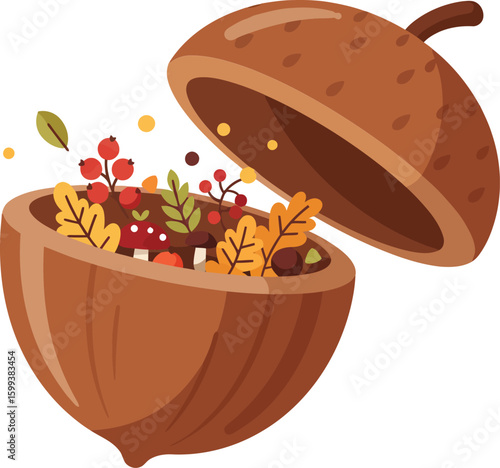 Autumnal treasures spill from an open acorn shell, revealing a miniature autumnal scene.