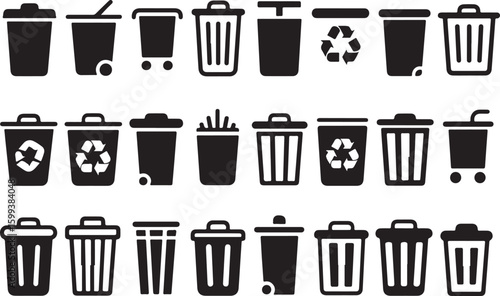 Collection of black and white trash cans and recycling bins isolated on transparent background