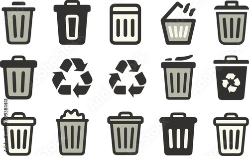 Collection of trash cans and recycling symbols isolated on transparent background