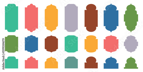 Set of Islamic shape window frame in flat style. Arab frame set. Ramadan Kareem silhouette icon. Mosque gate. Islamic arabesque pattern. Vector mosque gate shape isolated on background.