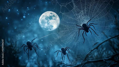 In the stillness of night, three spiders gracefully weave intricate webs illuminated by a bright moon, creating a magical, eerie atmosphere in a serene forest setting.