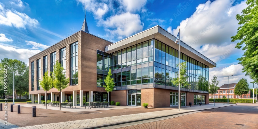 Obraz premium Town hall in Sliedrecht with modern architecture and green surroundings