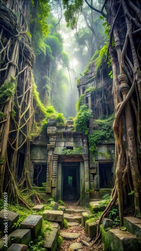 Dense foliage and twisted vines cover ancient ruins hidden deep within the jungle