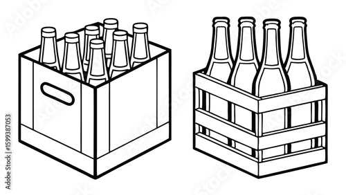 Black and white illustration of two crates filled with glass beer bottles suitable for beverage related designs