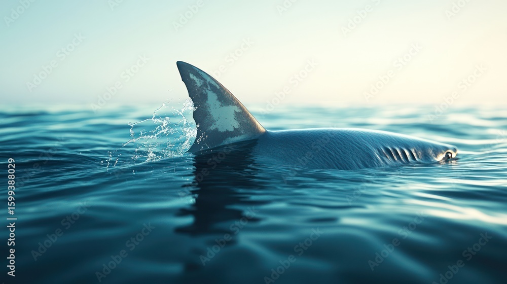 Naklejka premium Shark fin emerging from ocean surface, tranquil water background, nature, possible use for wildlife, ocean conservation, or environmental themes