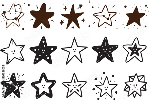 Collection of hand drawn stars isolated on transparent background