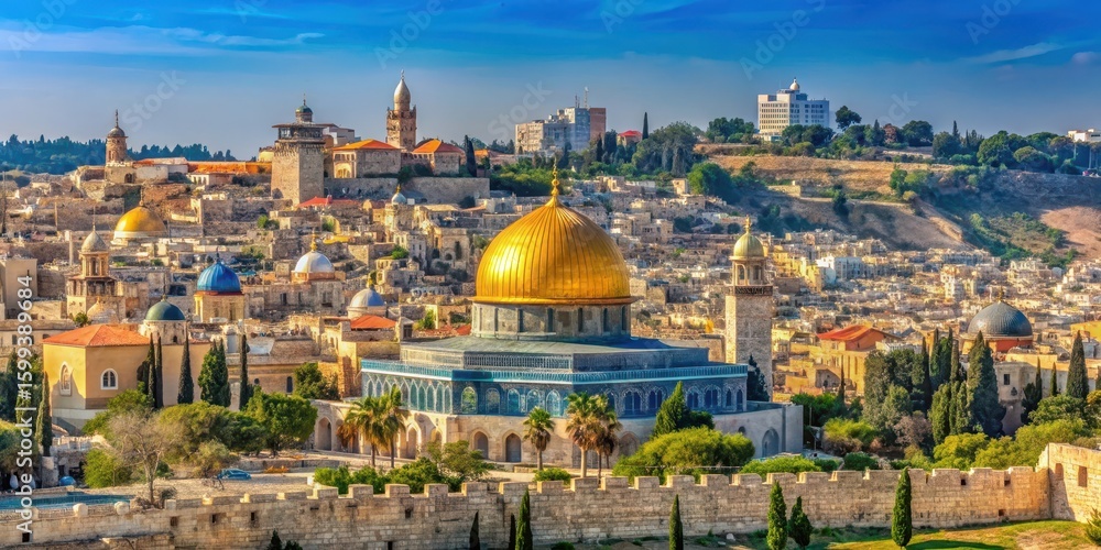 Fototapeta premium Panoramic view of Jerusalem Old City with Dome of the Rock and Al-Aqsa Mosque in background