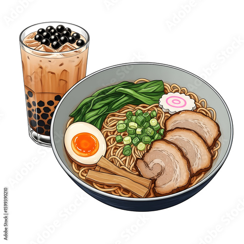 Delicious Ramen and Bubble Tea Set.