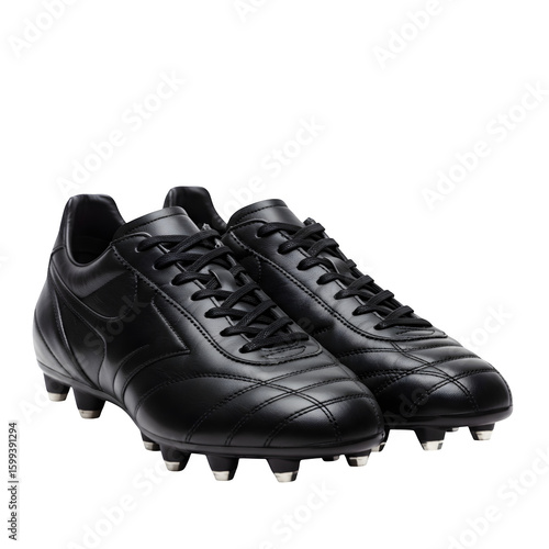 Black Leather Soccer Cleats, isolated on transparent background