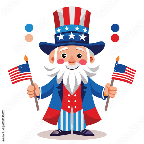 Whimsical Uncle Sam Gnome Holding Flags cartoon american flag