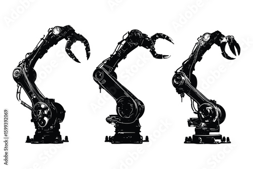 silhouette of industrial robotic arms in various positions, automation equipment for manufacturing