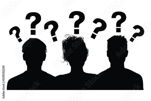 silhouette of people thinking with question marks, abstract concept of confusion and decision making